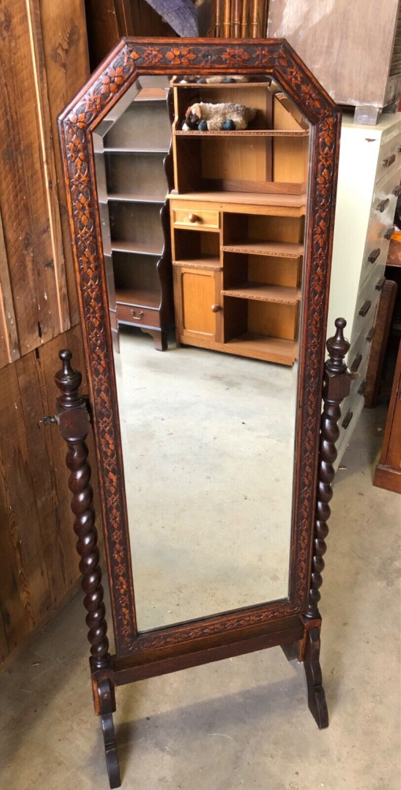 000863....Handsome Vintage Carved Oak Cheval Mirror ( sold )