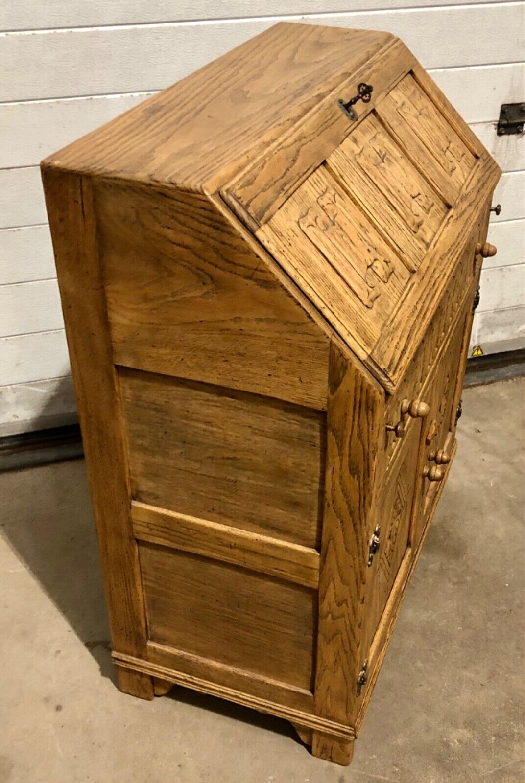 000858....Handsome Vintage Carved Oak Bureau / Writing Desk ( sold )