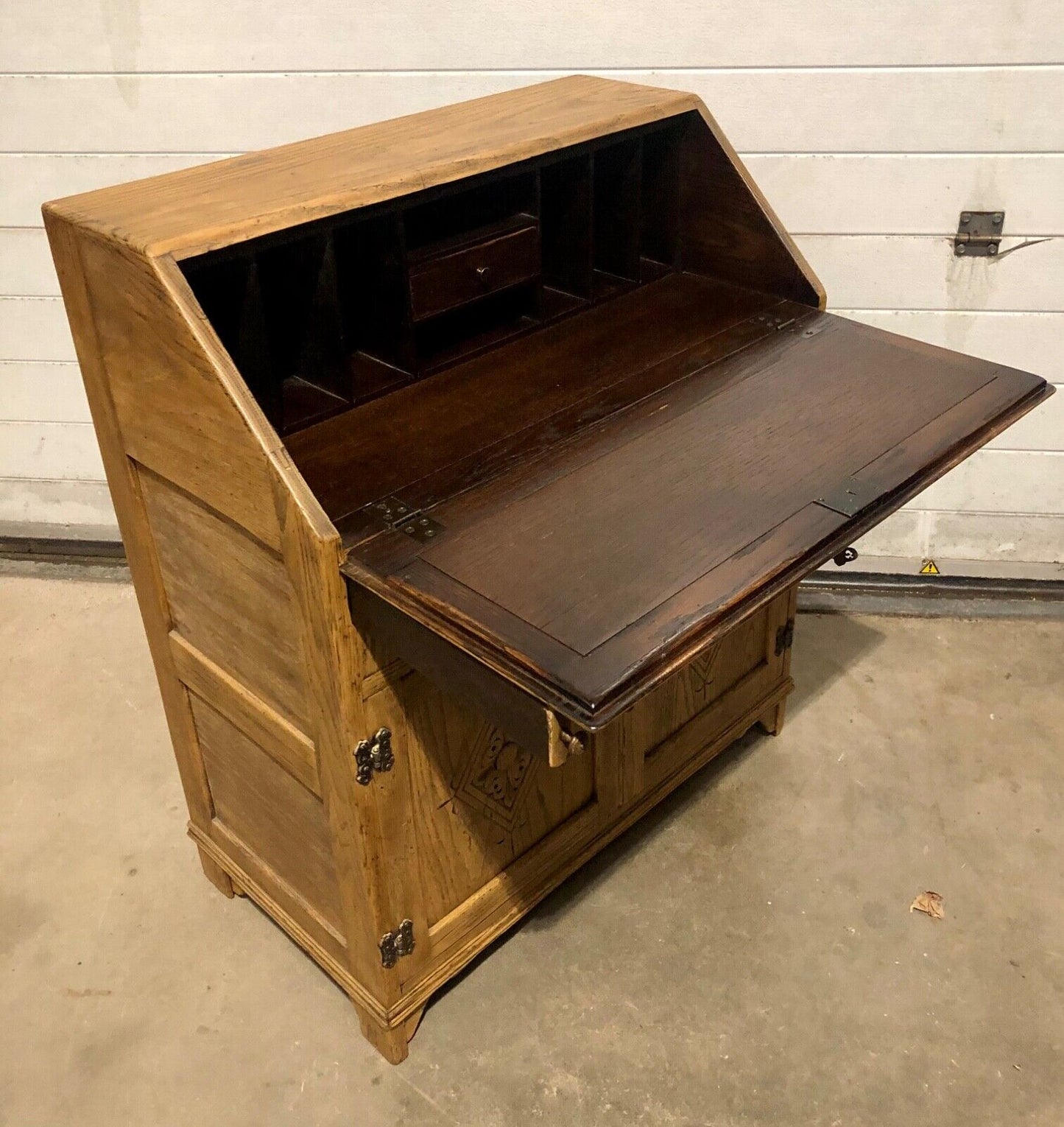 000858....Handsome Vintage Carved Oak Bureau / Writing Desk ( sold )