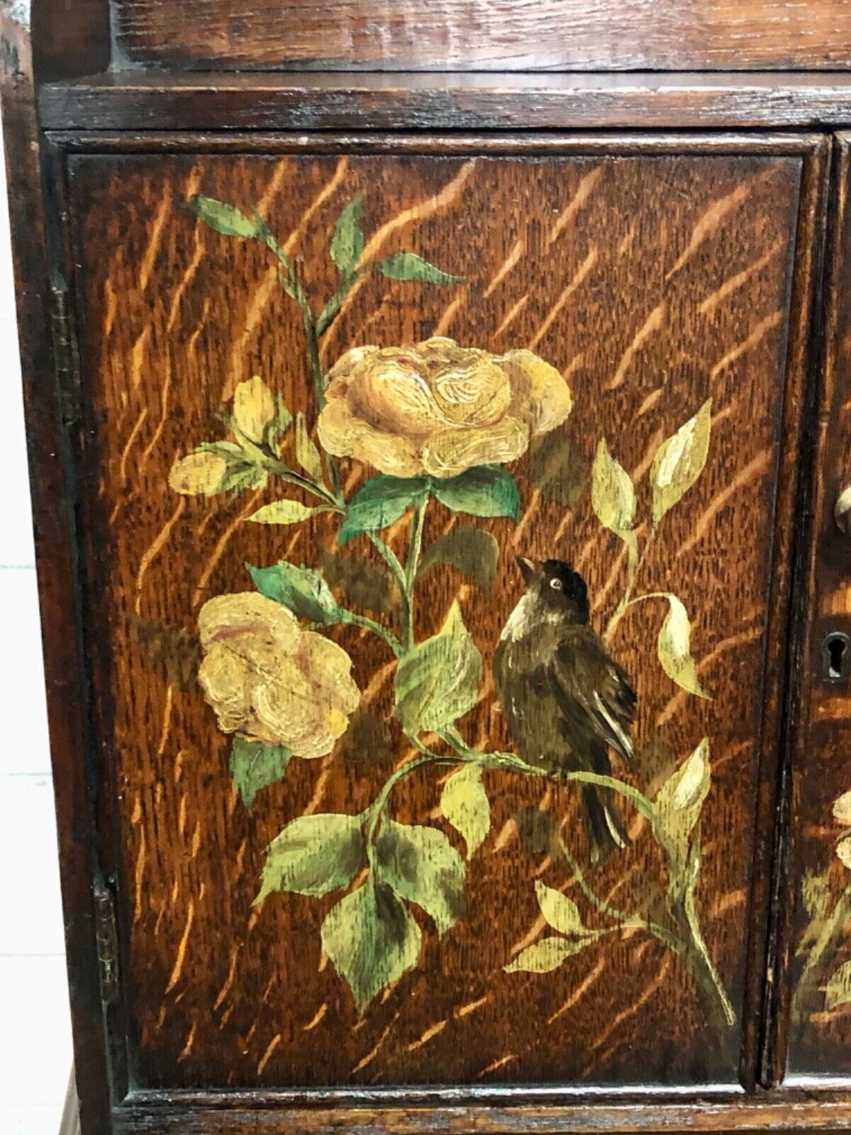 000735....Handsome Edwardian Hand Painted Oak Wall Cabinet ( sold )