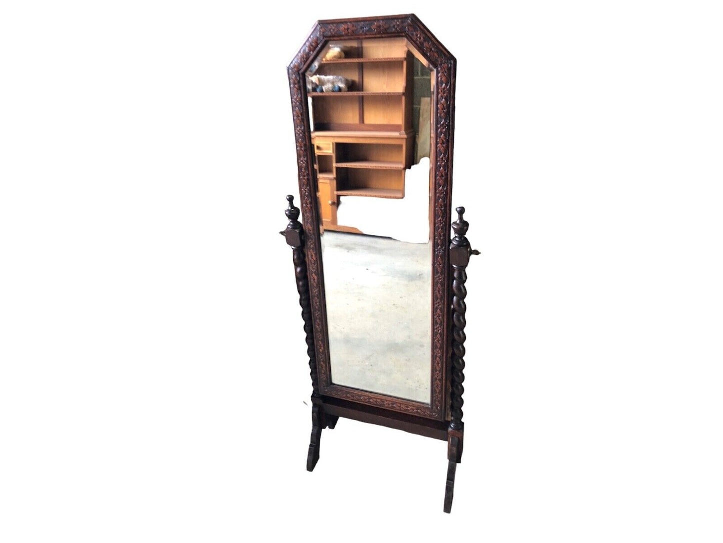 000863....Handsome Vintage Carved Oak Cheval Mirror ( sold )