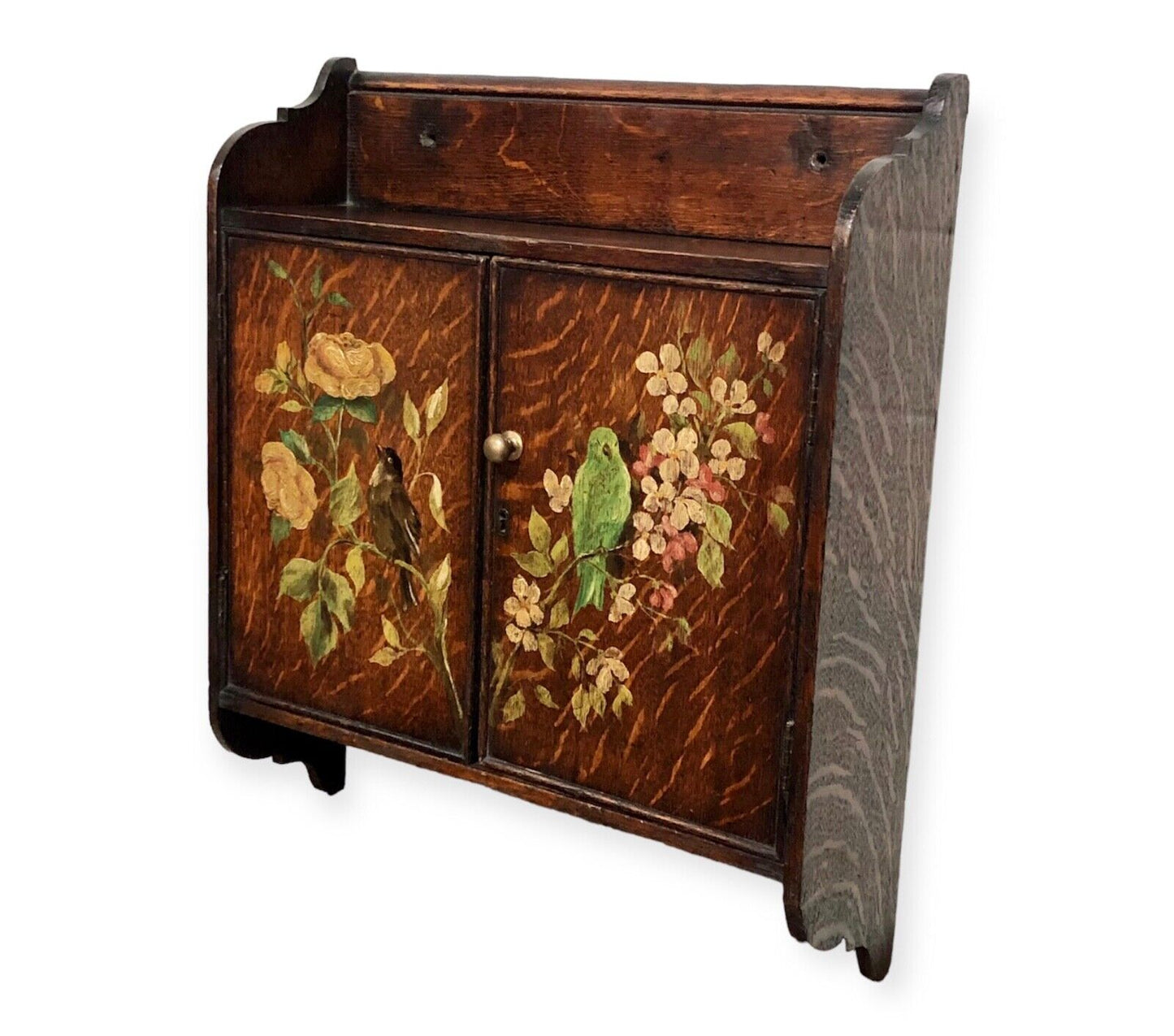 000735....Handsome Edwardian Hand Painted Oak Wall Cabinet ( sold )