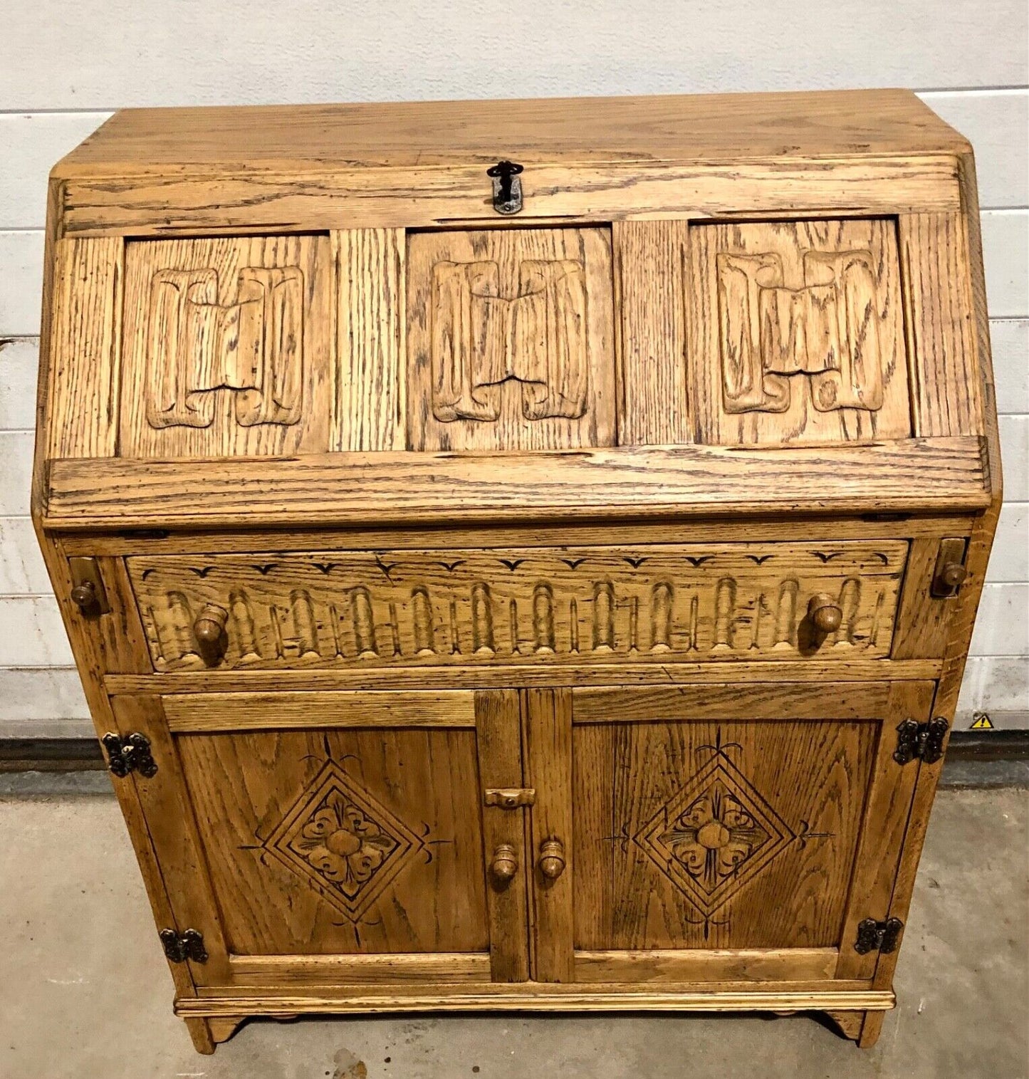 000858....Handsome Vintage Carved Oak Bureau / Writing Desk ( sold )