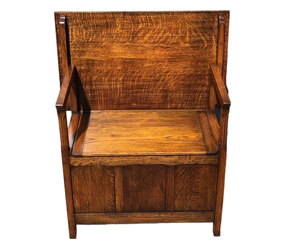 000837....Handsome Small Arts And Crafts Oak Monks Bench / Hall Seat ( sold )