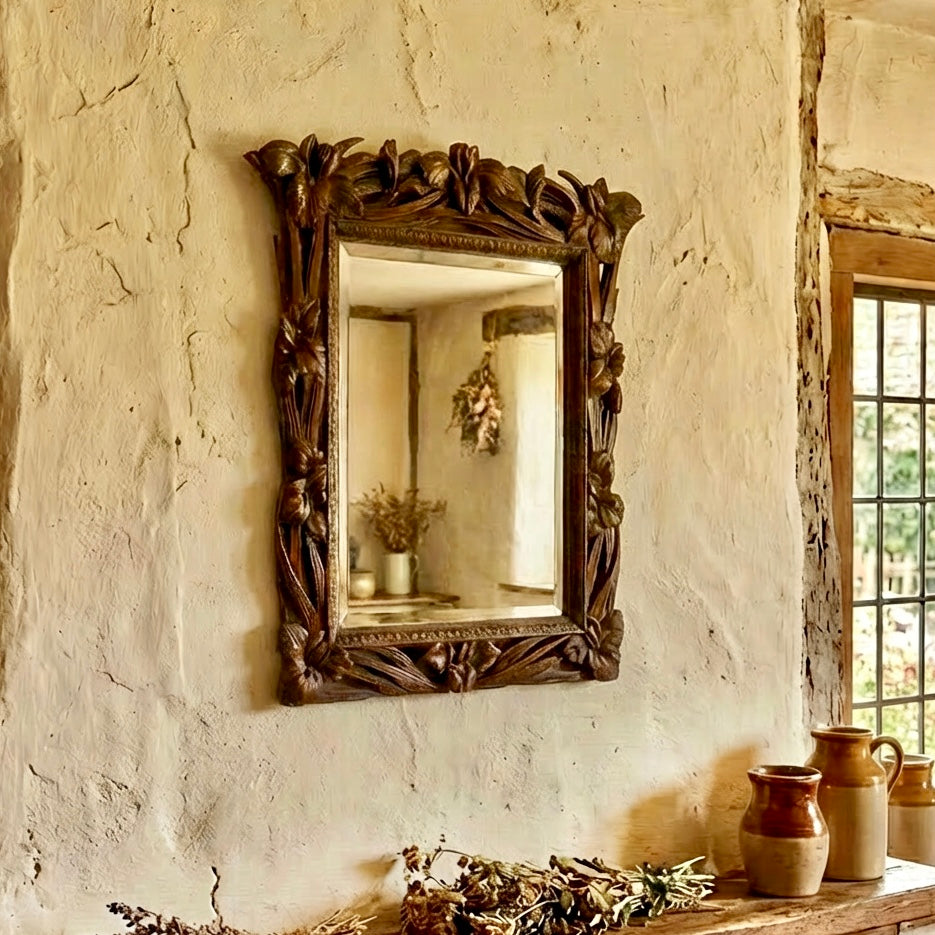 000540....Handsome Art Nouveau Carved Walnut Mirror