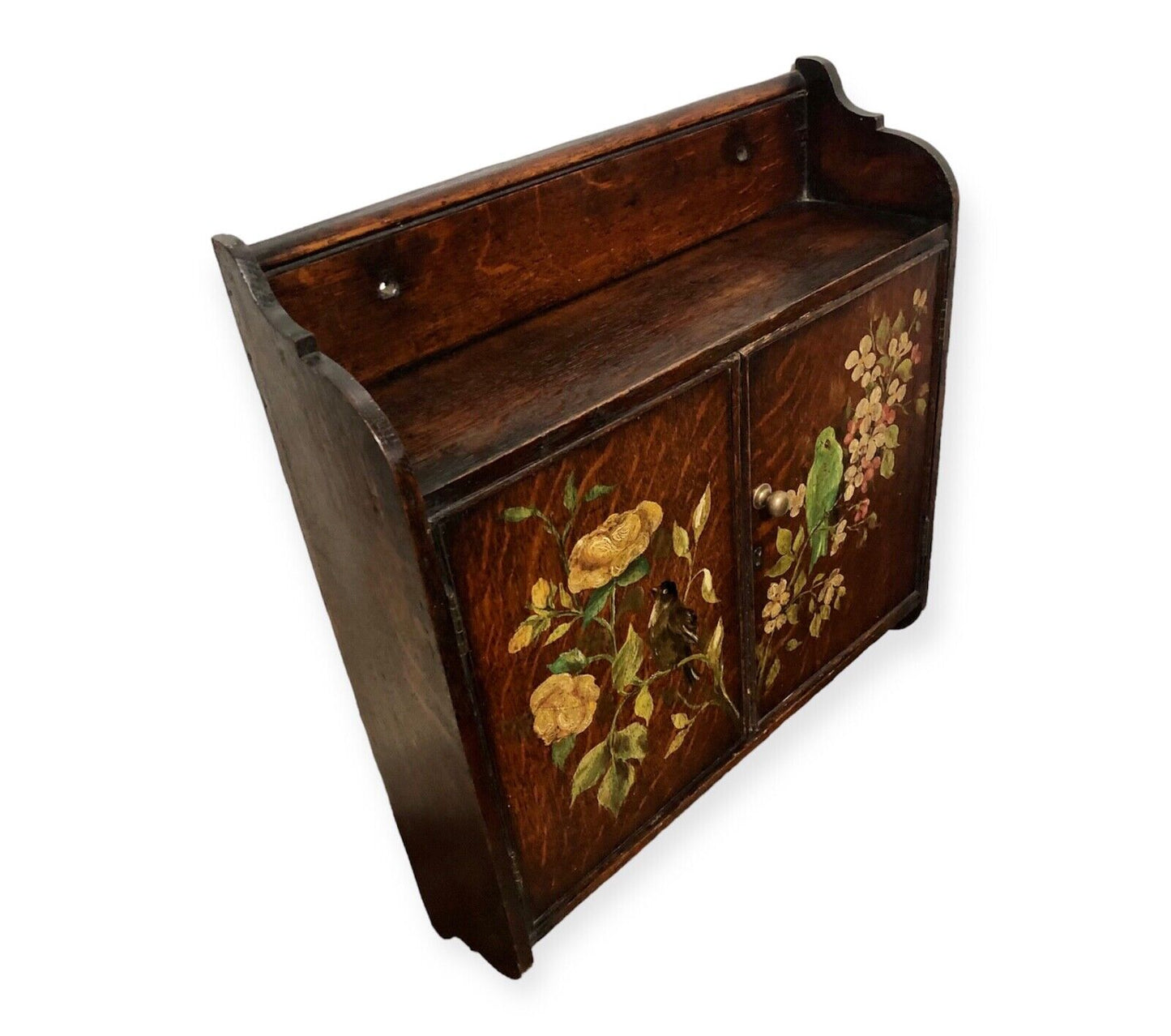 000735....Handsome Edwardian Hand Painted Oak Wall Cabinet ( sold )