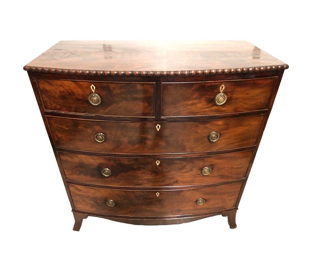 000844....Handsome Antique Mahogany Bow Front Chest Of Drawers ( sold )