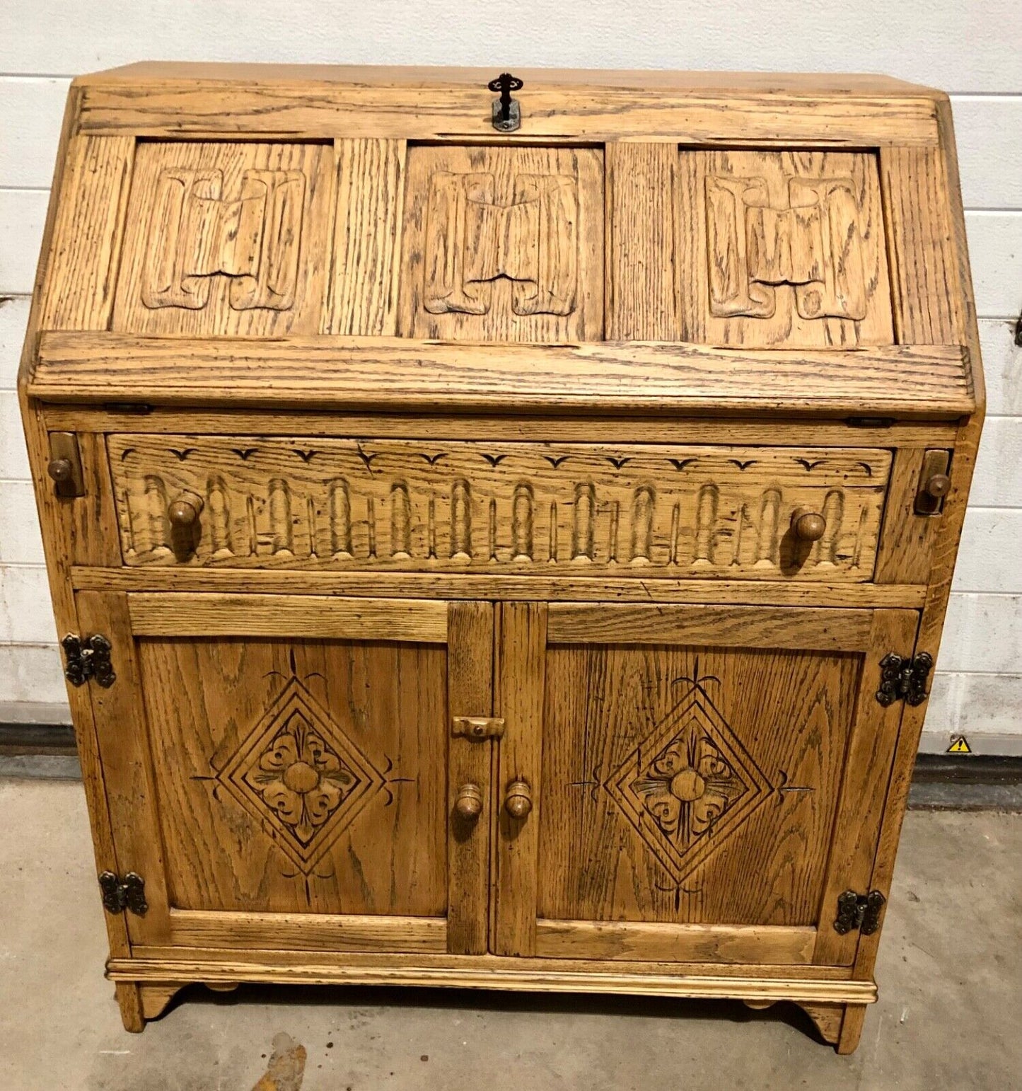 000858....Handsome Vintage Carved Oak Bureau / Writing Desk ( sold )