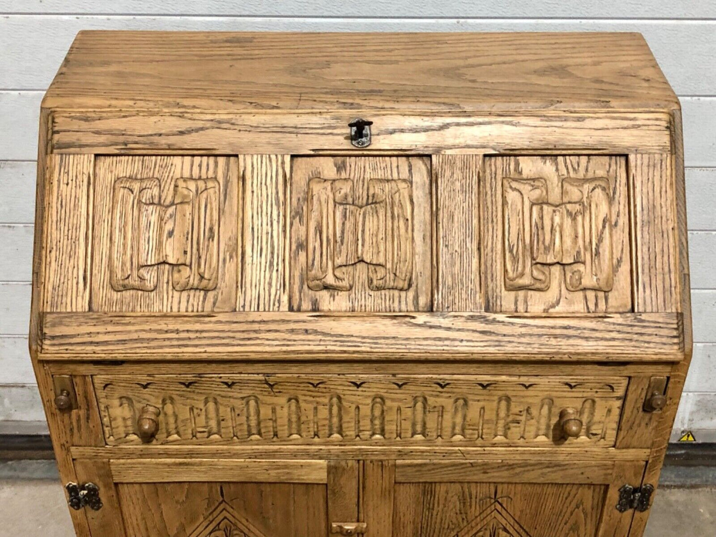 000858....Handsome Vintage Carved Oak Bureau / Writing Desk ( sold )