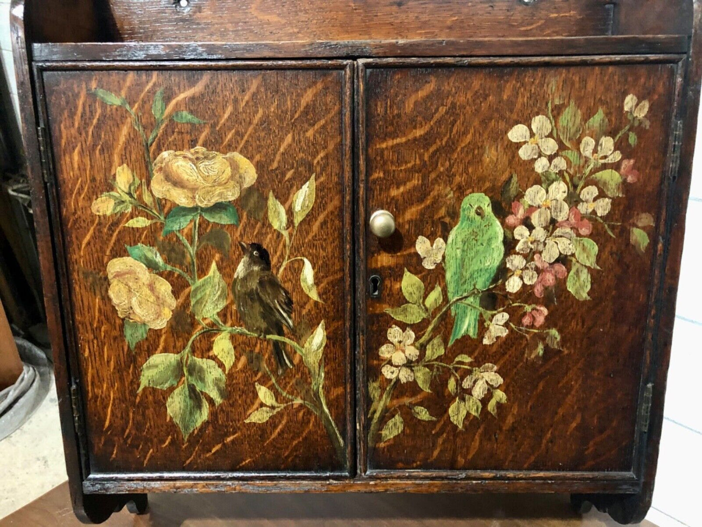 000735....Handsome Edwardian Hand Painted Oak Wall Cabinet ( sold )