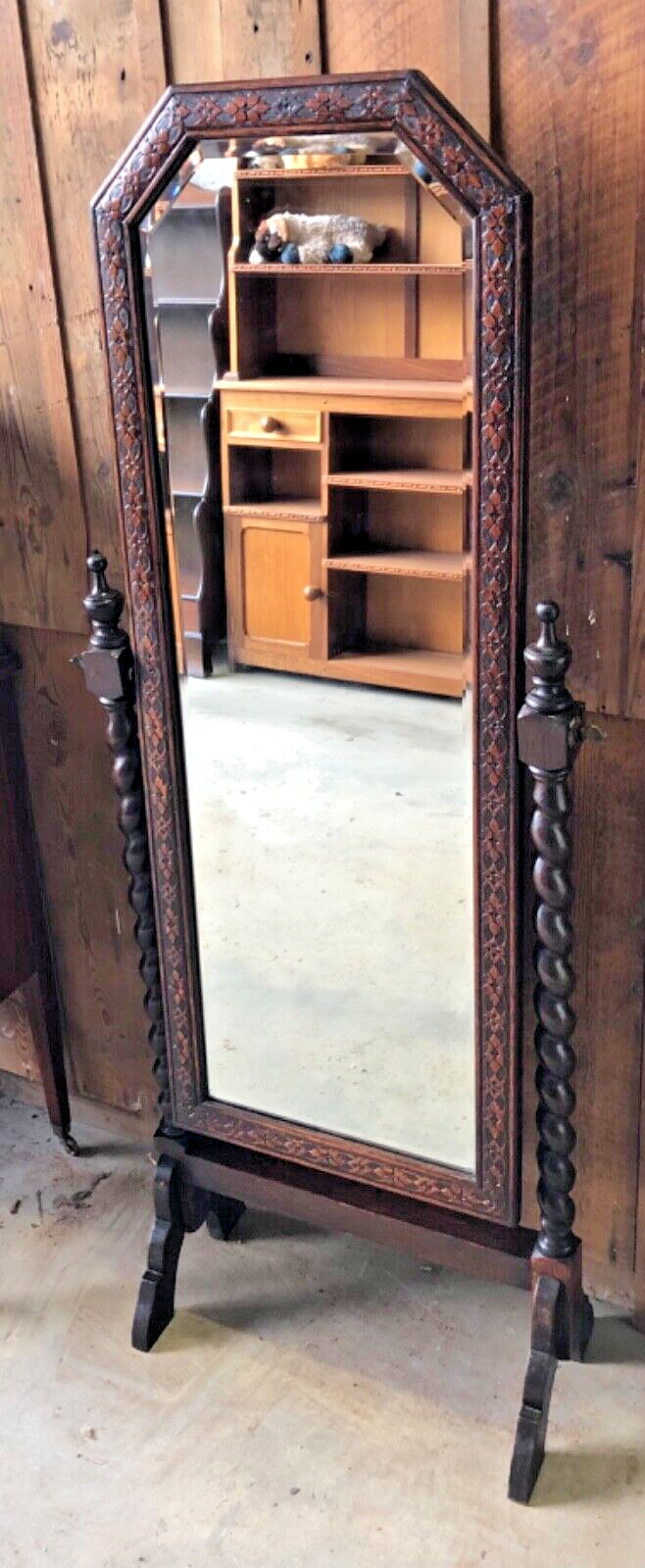 000863....Handsome Vintage Carved Oak Cheval Mirror ( sold )