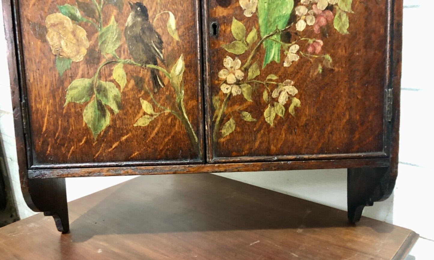 000735....Handsome Edwardian Hand Painted Oak Wall Cabinet ( sold )