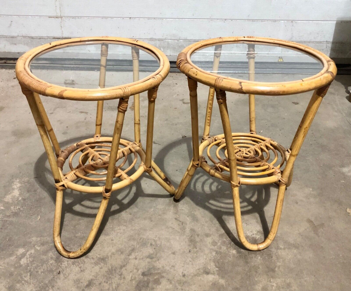 000782....Pair Of Vintage Bamboo Round Coffee Tables / Occasional Tables