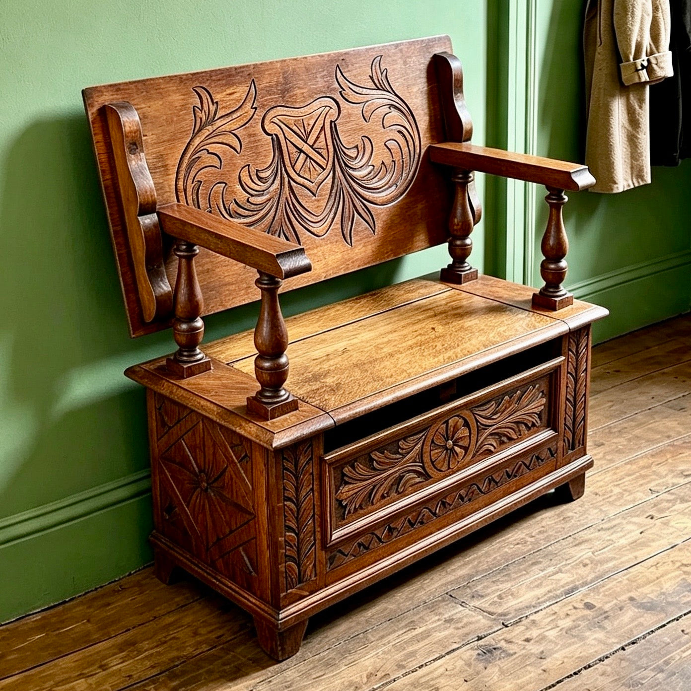 000503....Handsome Vintage Carved Oak Monks Bench Or Hall Seat