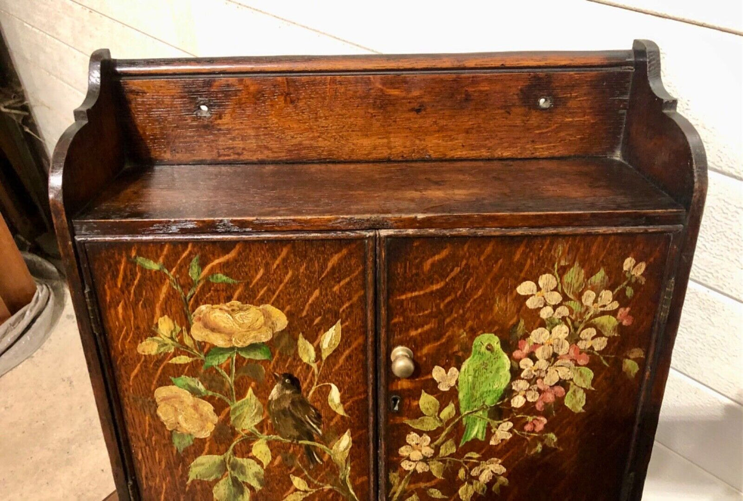 000735....Handsome Edwardian Hand Painted Oak Wall Cabinet ( sold )