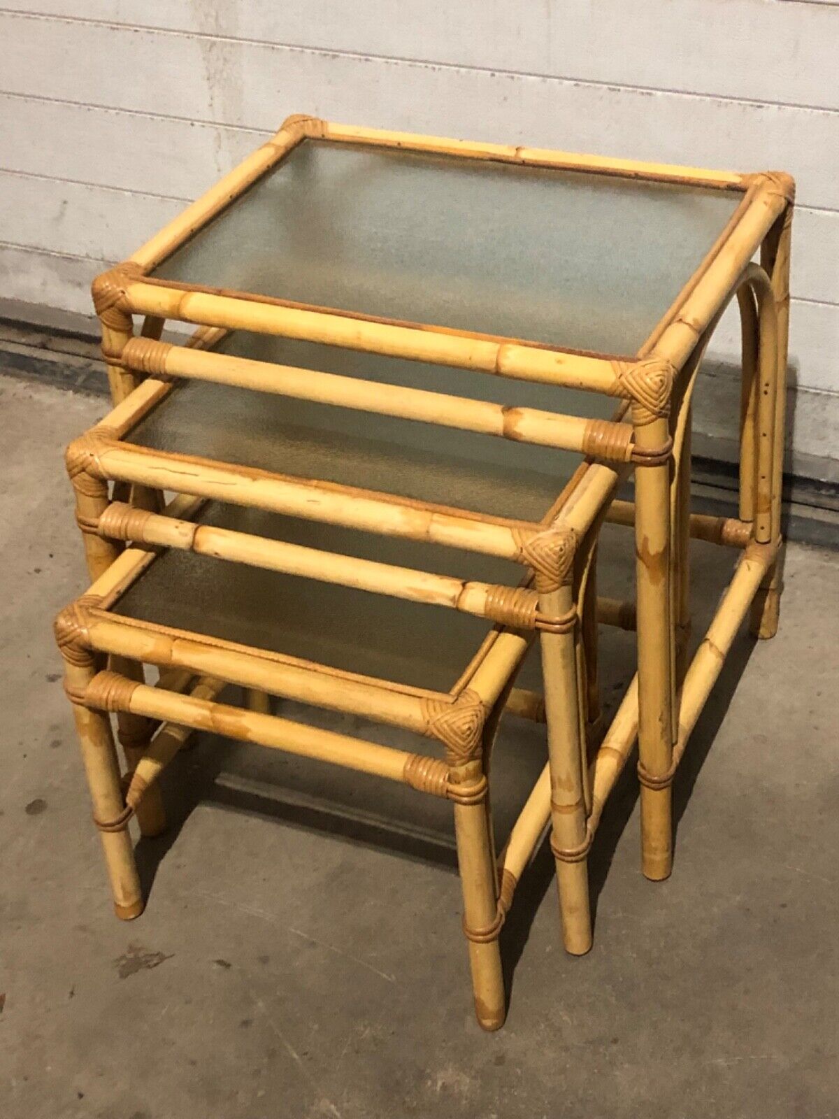 000769....Large Nest Of Vintage Bamboo Tables / Coffee Tables
