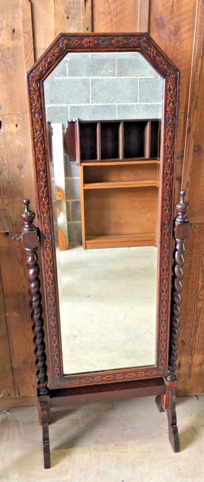 000863....Handsome Vintage Carved Oak Cheval Mirror ( sold )