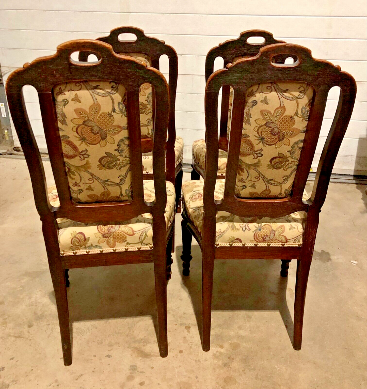 000790....Handsome Set Of Four Antique Carved Oak Dining Chairs