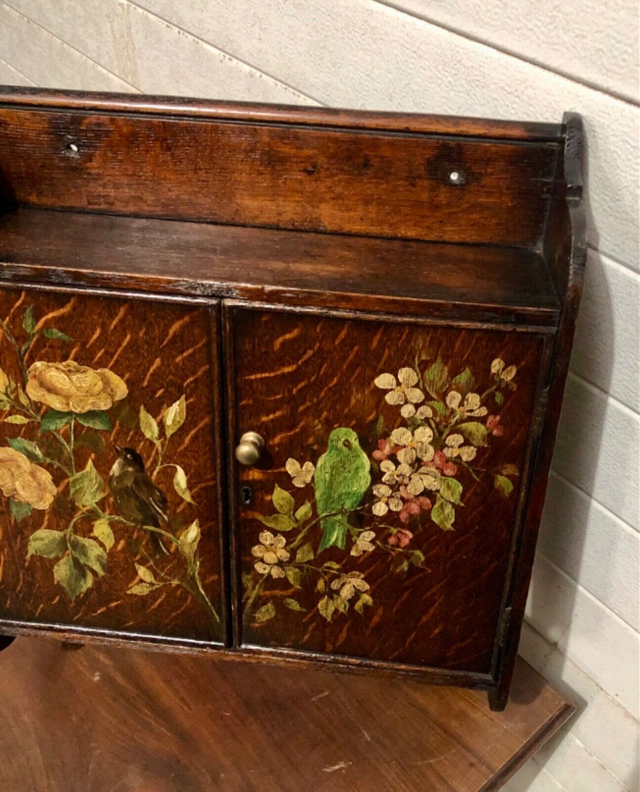 000735....Handsome Edwardian Hand Painted Oak Wall Cabinet ( sold )