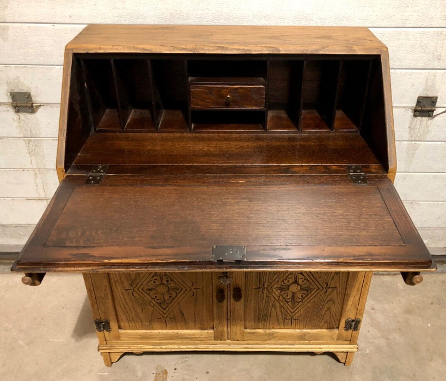 000858....Handsome Vintage Carved Oak Bureau / Writing Desk ( sold )