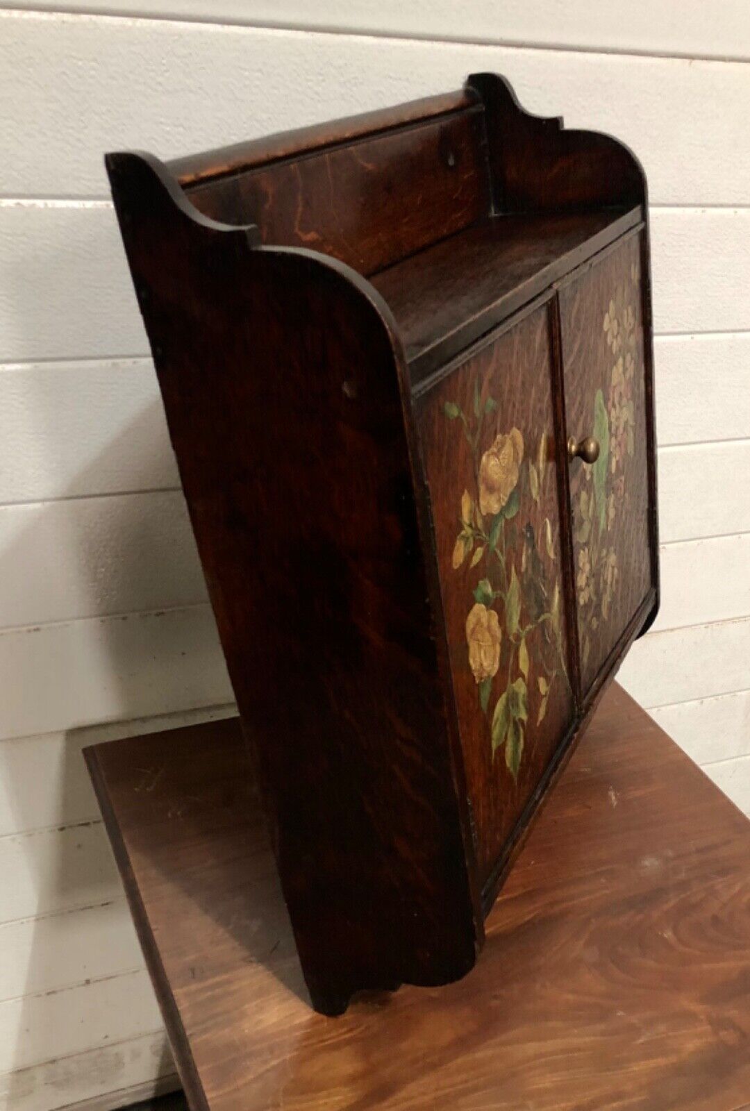 000735....Handsome Edwardian Hand Painted Oak Wall Cabinet ( sold )