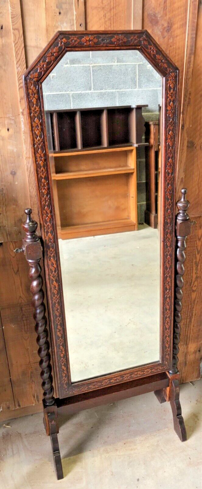 000863....Handsome Vintage Carved Oak Cheval Mirror ( sold )