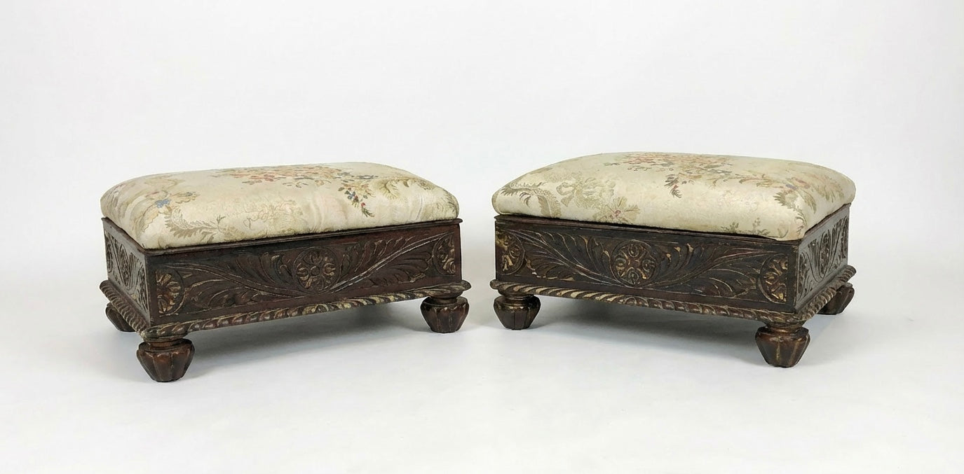 000547....Handsome Pair Of Vintage Carved Footstools ( sold )