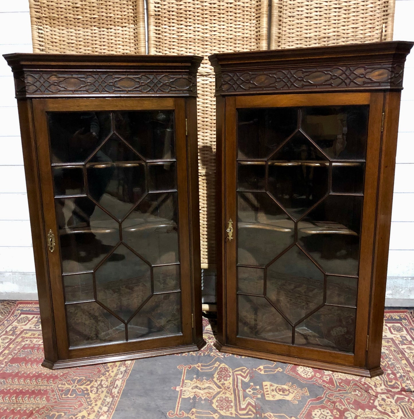 000560....Handsome Pair Of Mahogany Glazed Corner Cabinets