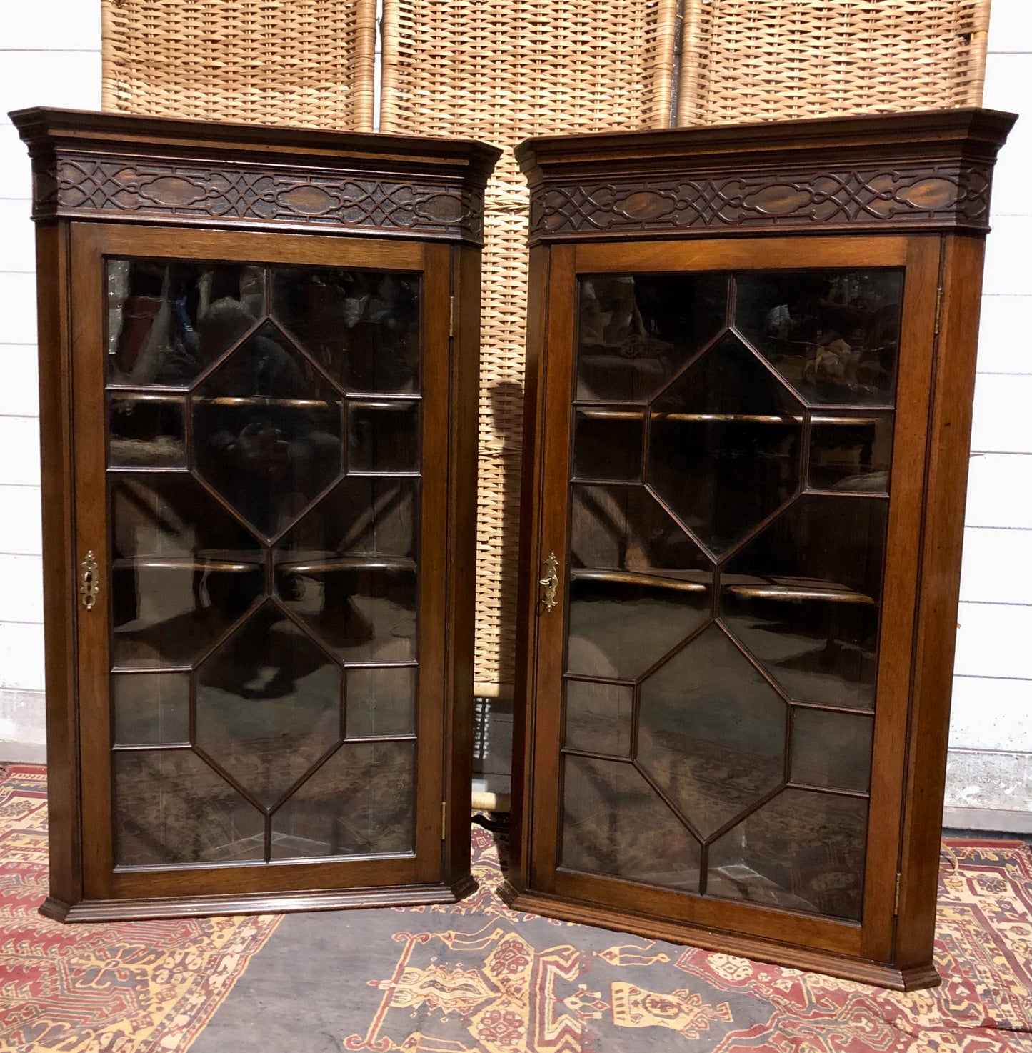 000560....Handsome Pair Of Mahogany Glazed Corner Cabinets