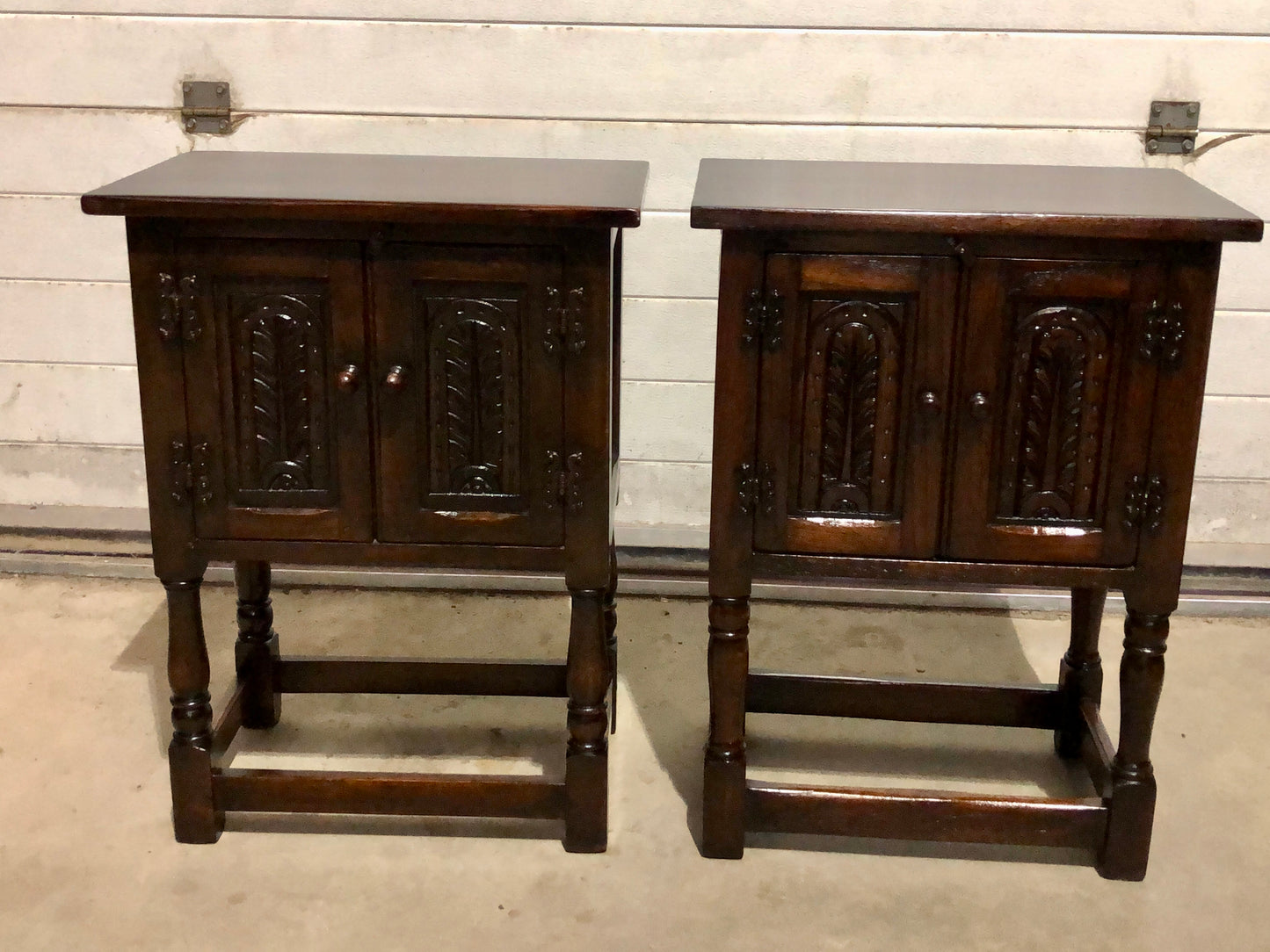 000726....Two Similar Vintage Carved Oak Bedside Tables ( sold )