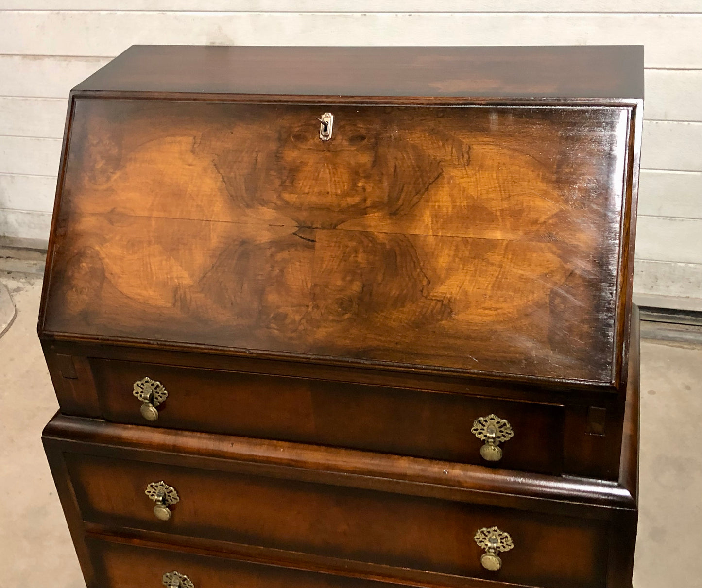 000725....Handsome Vintage Figured Walnut Writing Bureau ( sold )