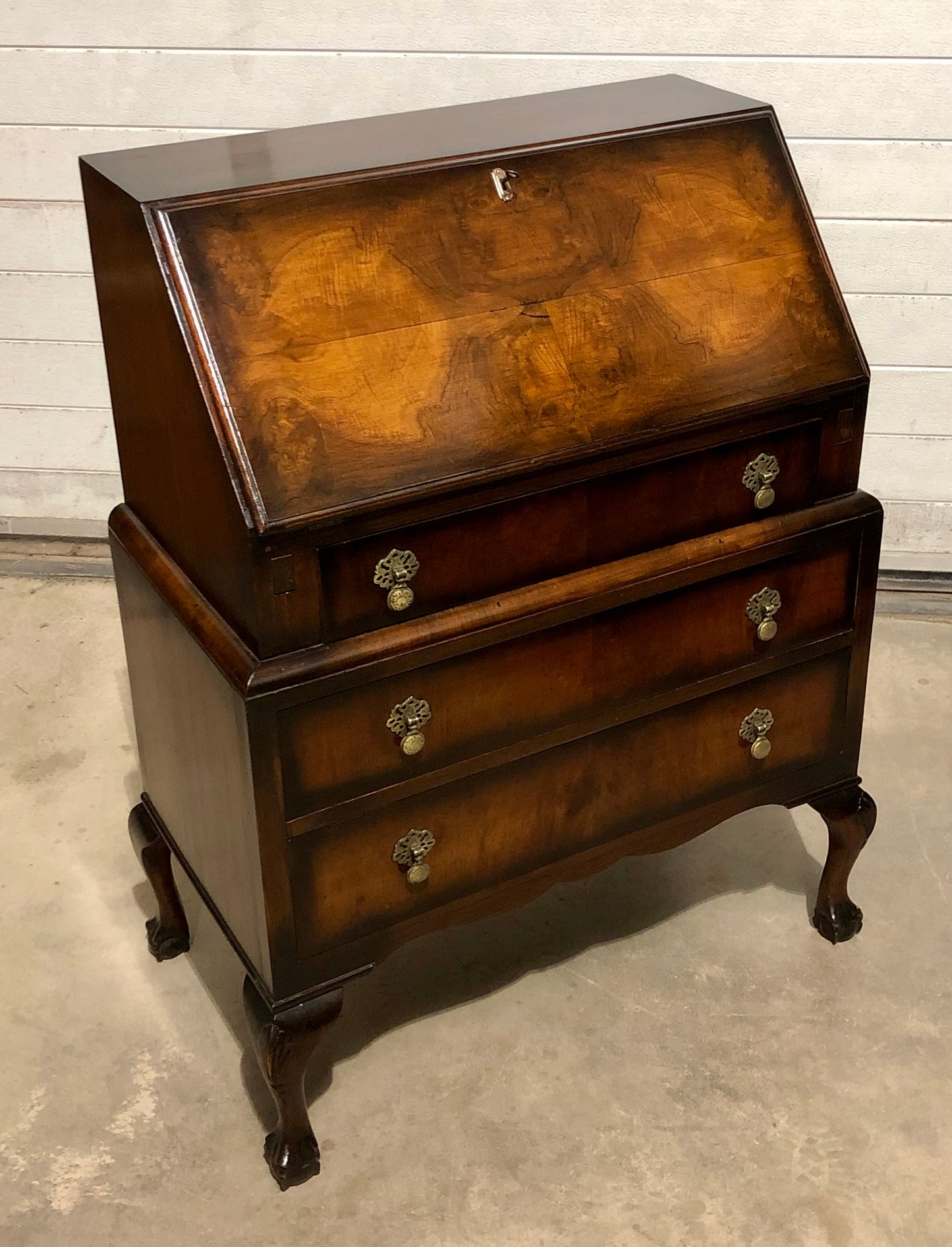 000725....Handsome Vintage Figured Walnut Writing Bureau ( sold )