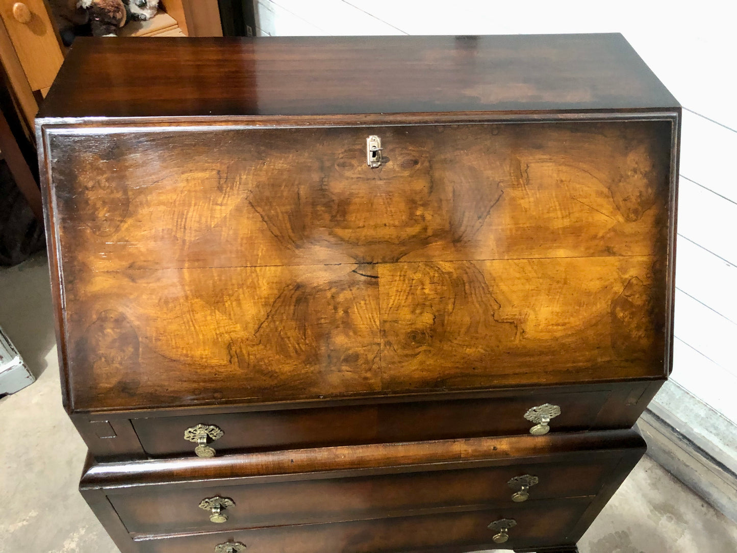 000725....Handsome Vintage Figured Walnut Writing Bureau ( sold )