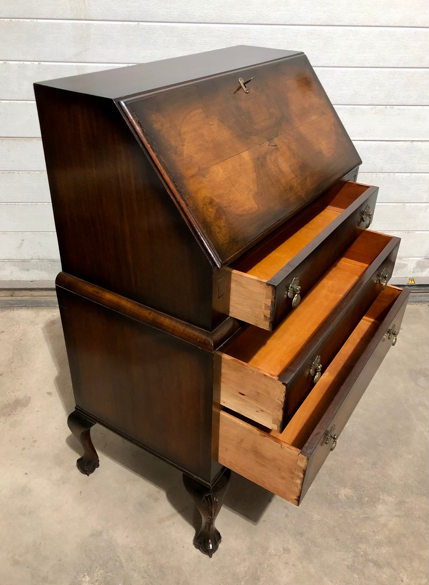 000725....Handsome Vintage Figured Walnut Writing Bureau ( sold )