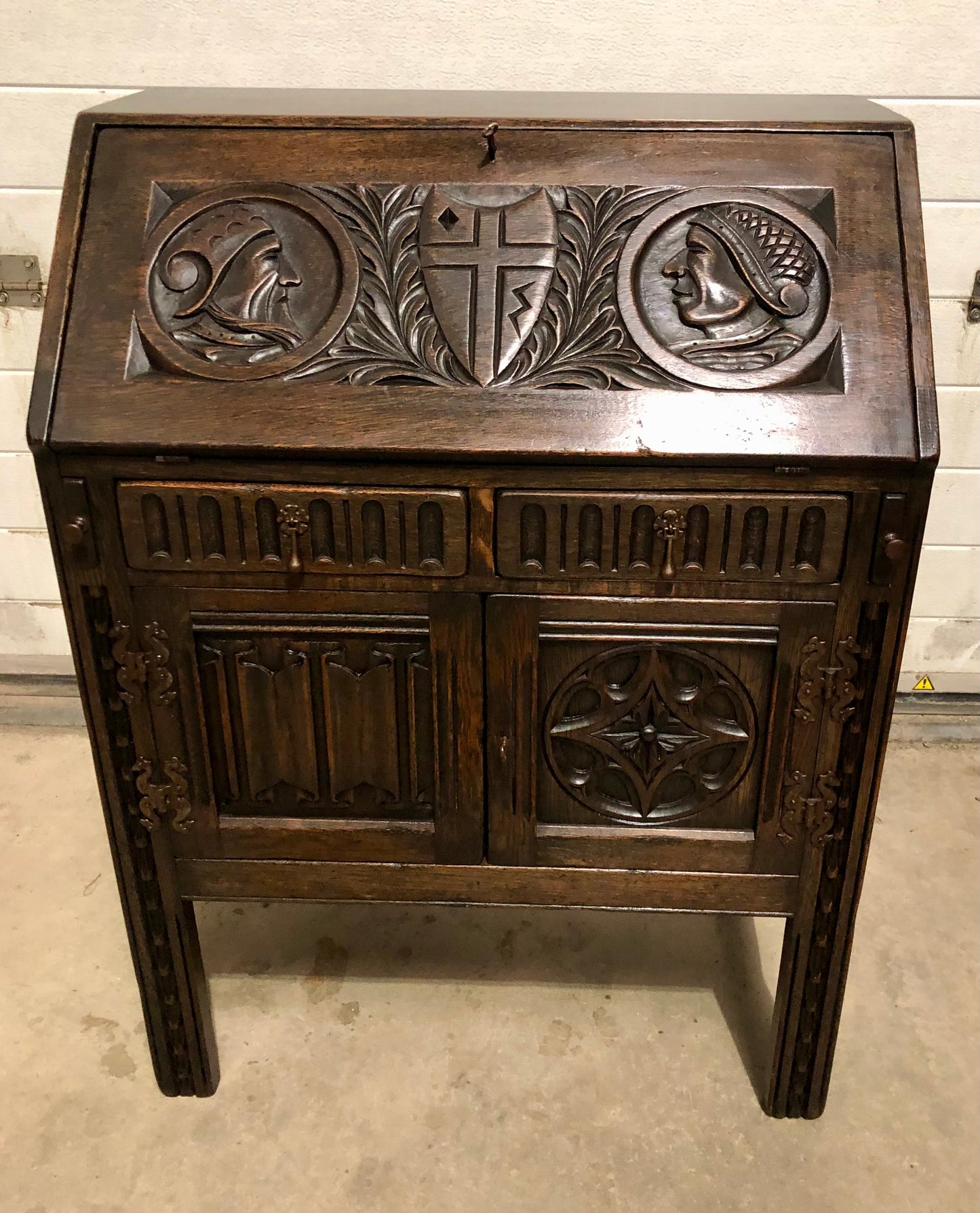 000719....Handsome Vintage Carved Oak Bureau / Writing Desk ( sold )