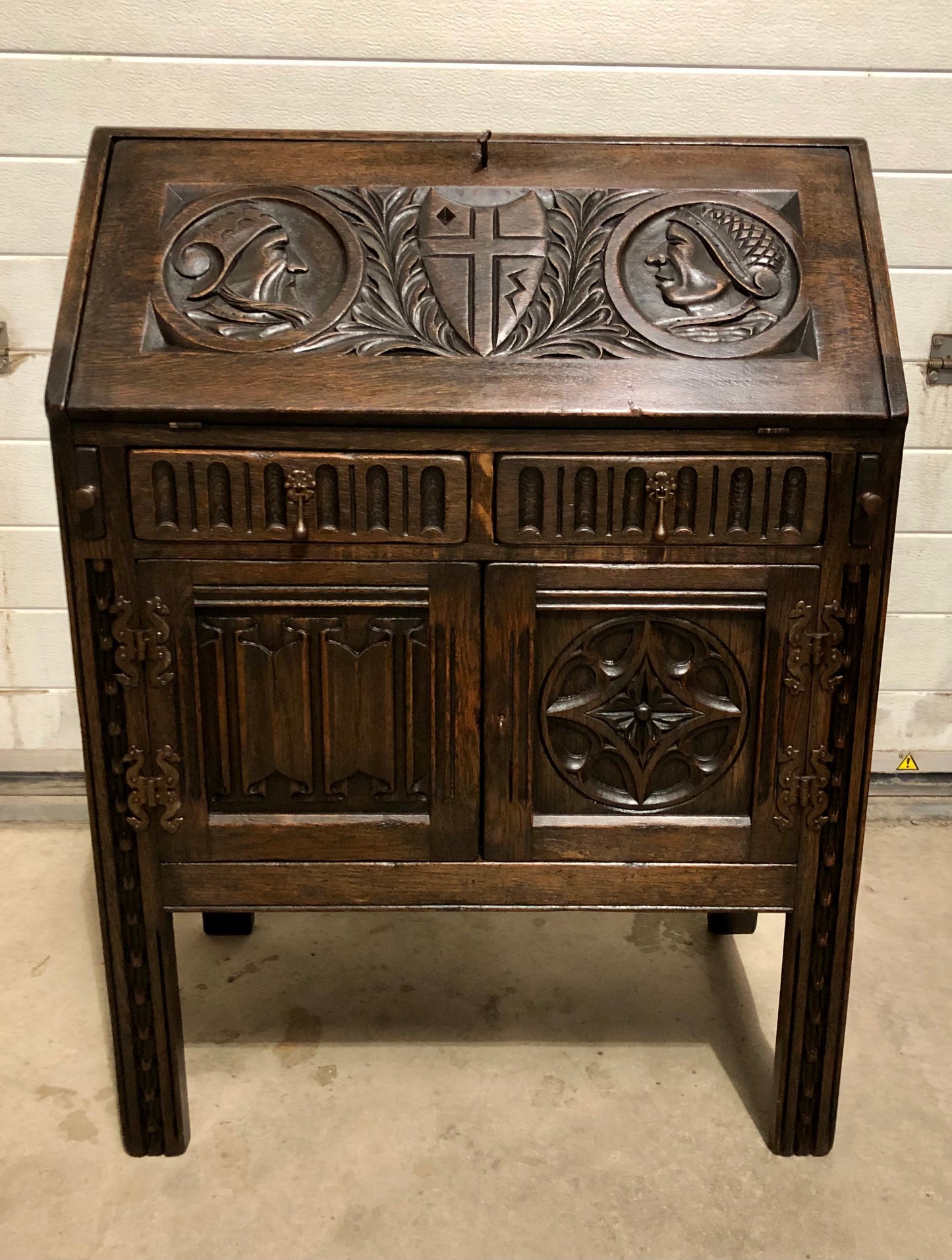 000719....Handsome Vintage Carved Oak Bureau / Writing Desk ( sold )