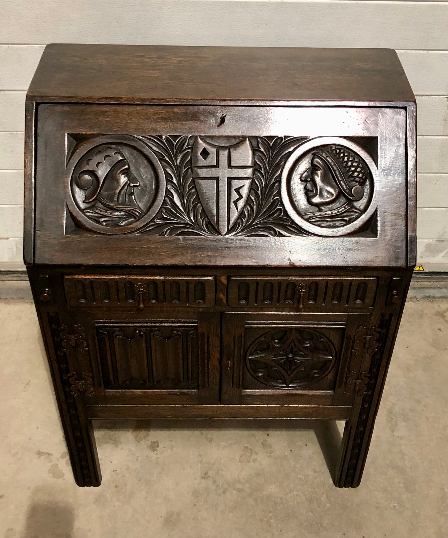 000719....Handsome Vintage Carved Oak Bureau / Writing Desk ( sold )