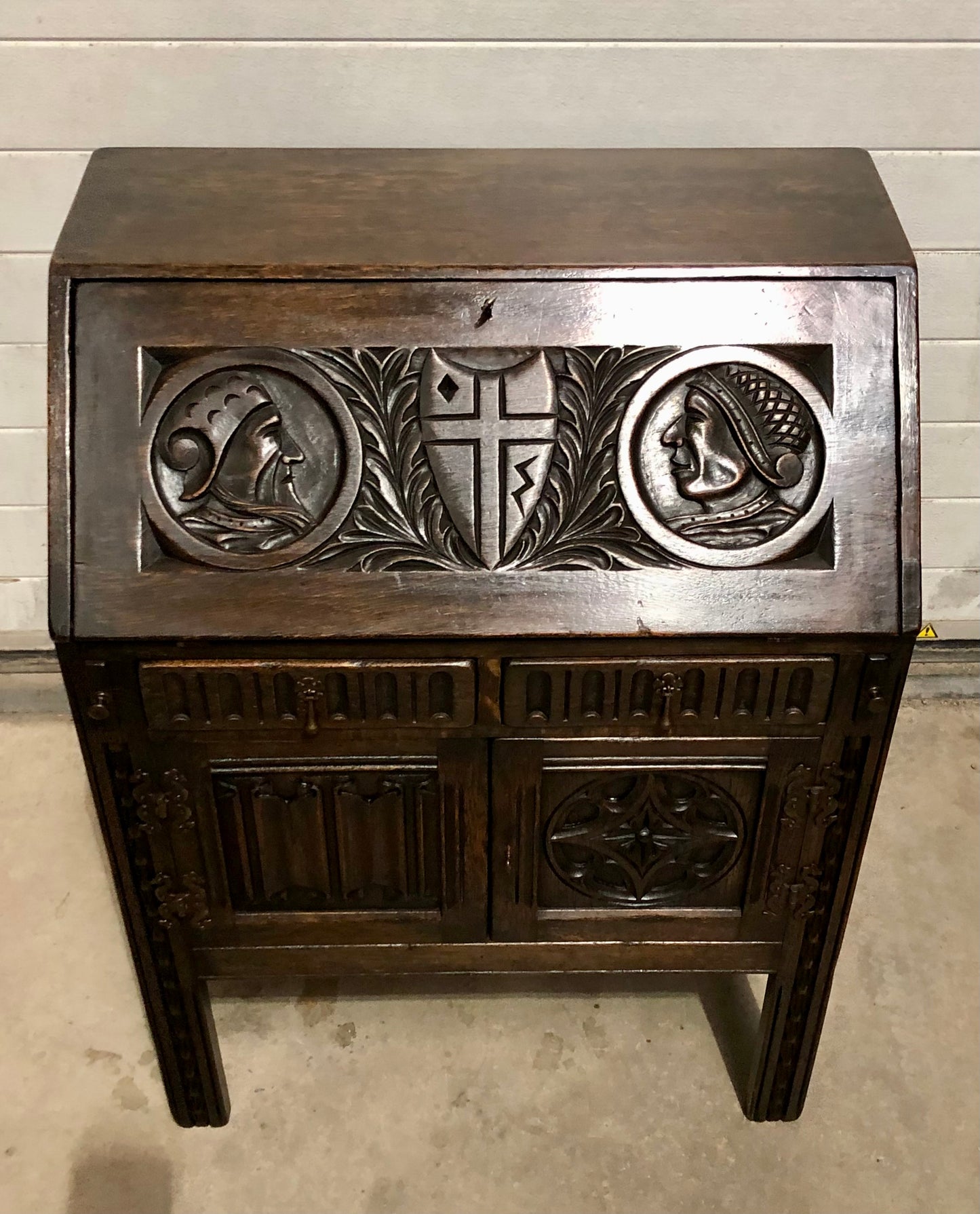 000719....Handsome Vintage Carved Oak Bureau / Writing Desk ( sold )