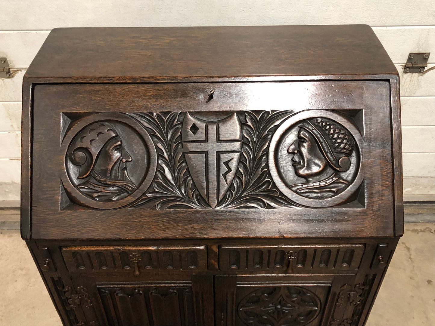 000719....Handsome Vintage Carved Oak Bureau / Writing Desk ( sold )