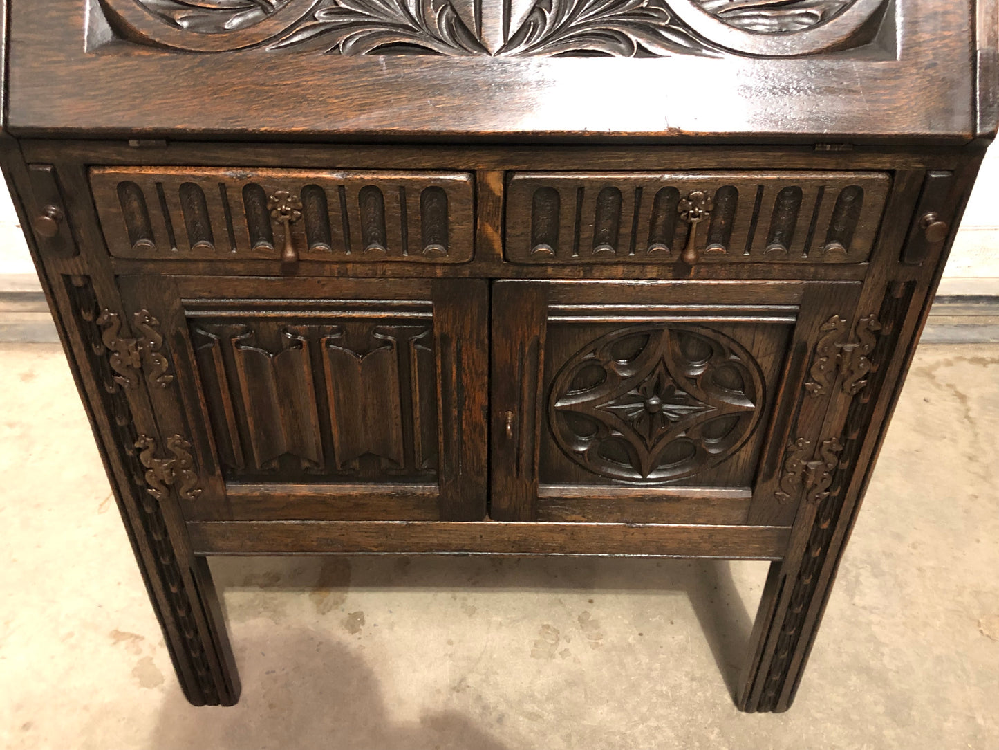 000719....Handsome Vintage Carved Oak Bureau / Writing Desk ( sold )