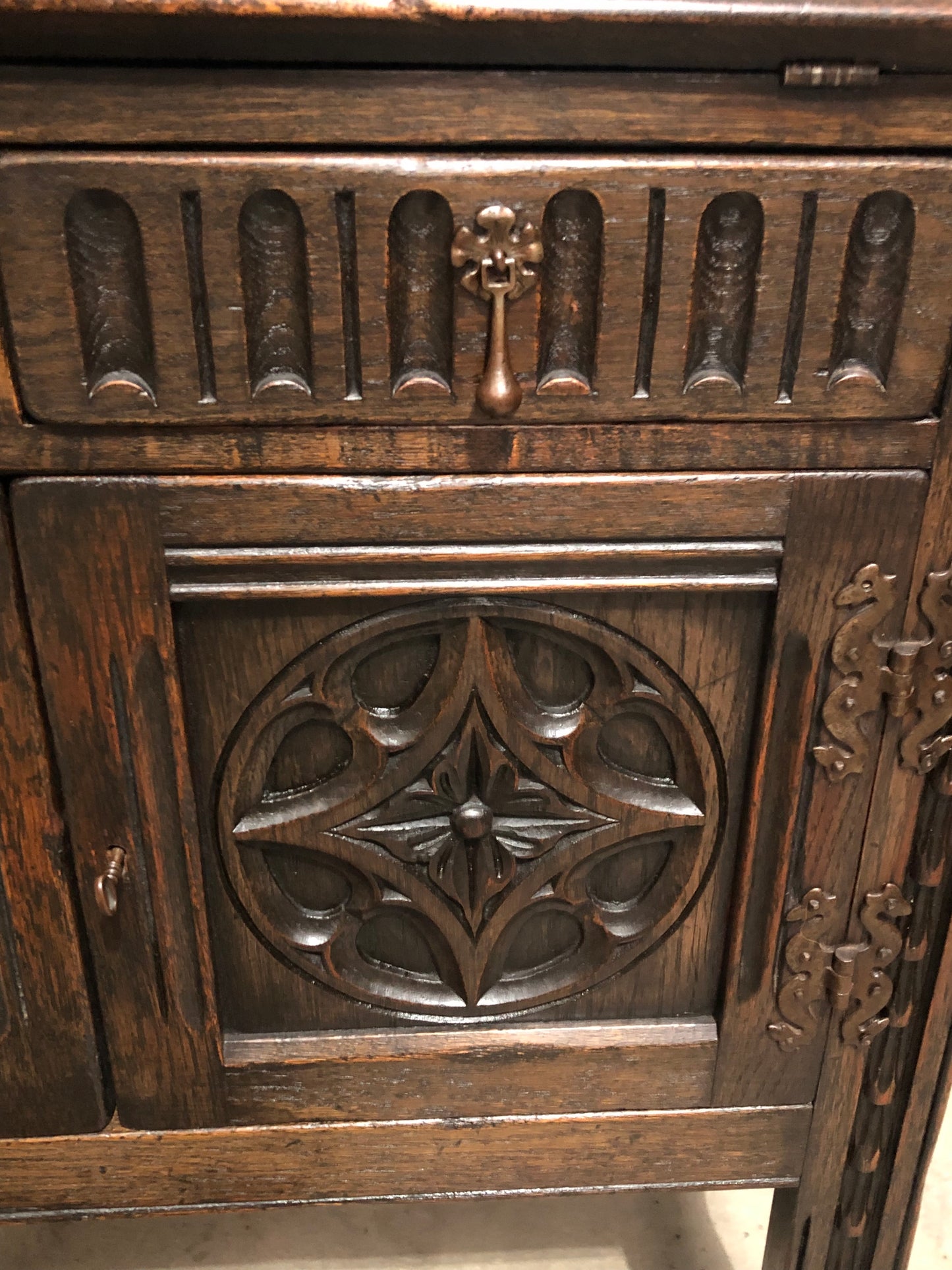 000719....Handsome Vintage Carved Oak Bureau / Writing Desk ( sold )