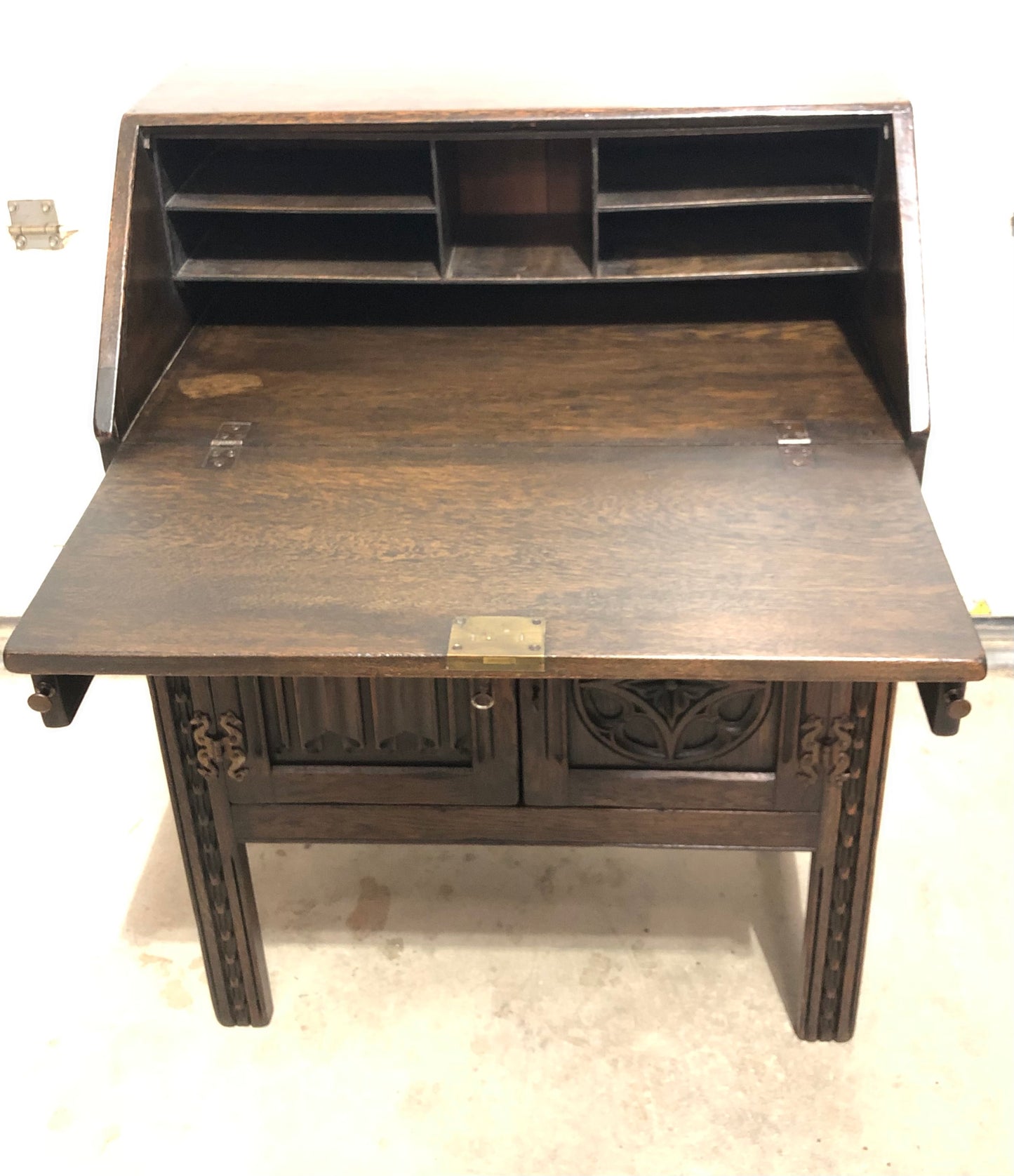 000719....Handsome Vintage Carved Oak Bureau / Writing Desk ( sold )