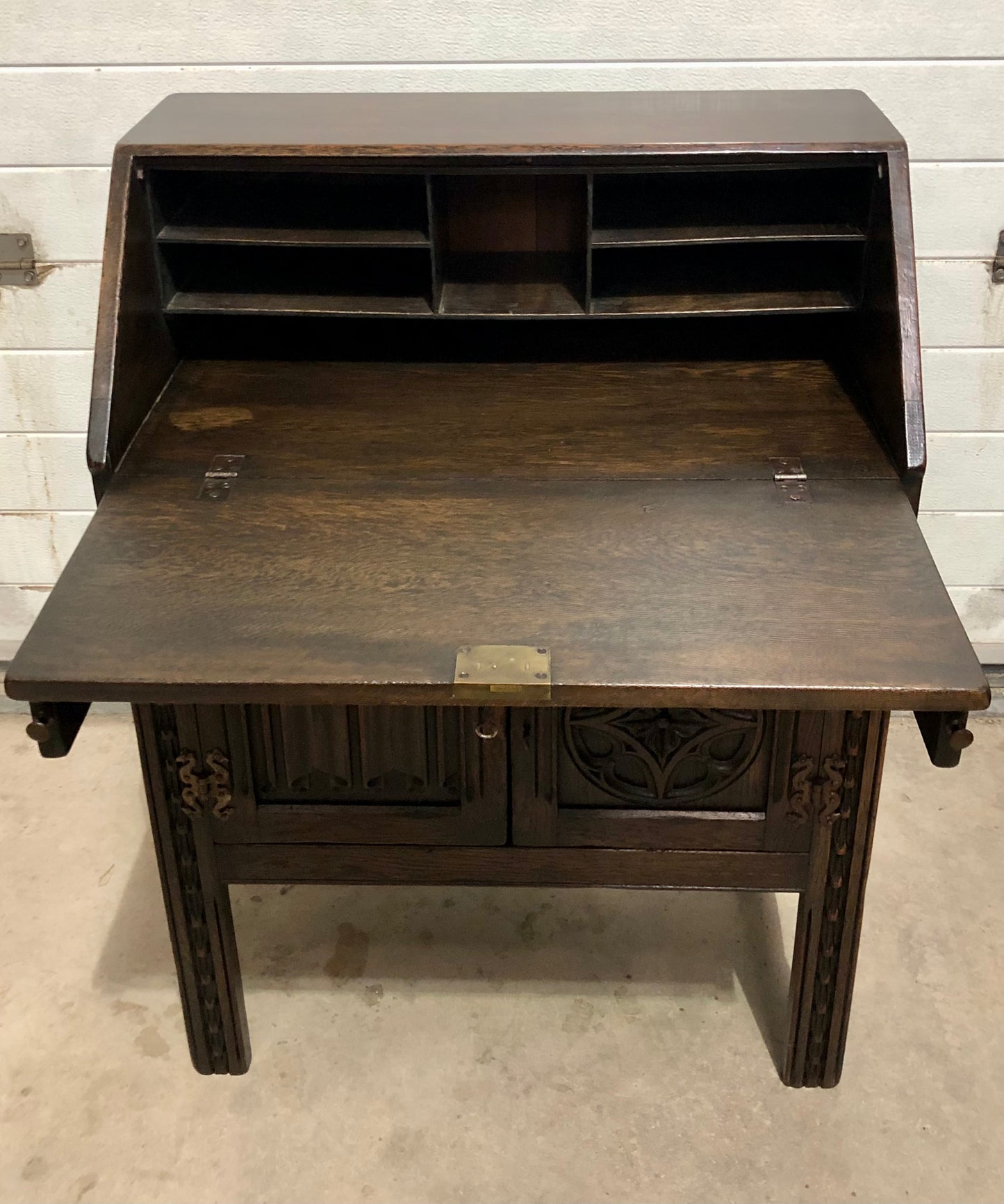 000719....Handsome Vintage Carved Oak Bureau / Writing Desk ( sold )