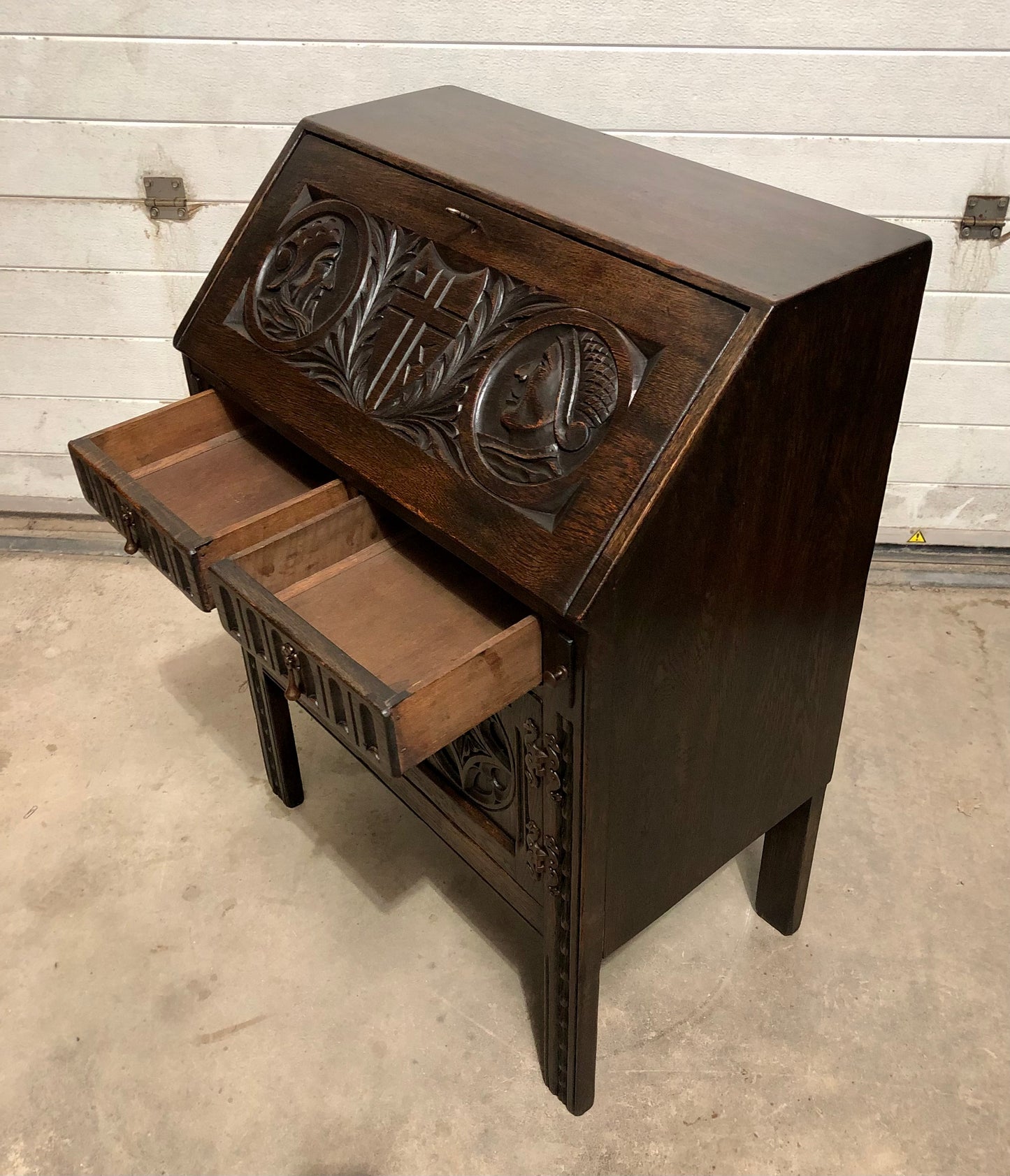 000719....Handsome Vintage Carved Oak Bureau / Writing Desk ( sold )