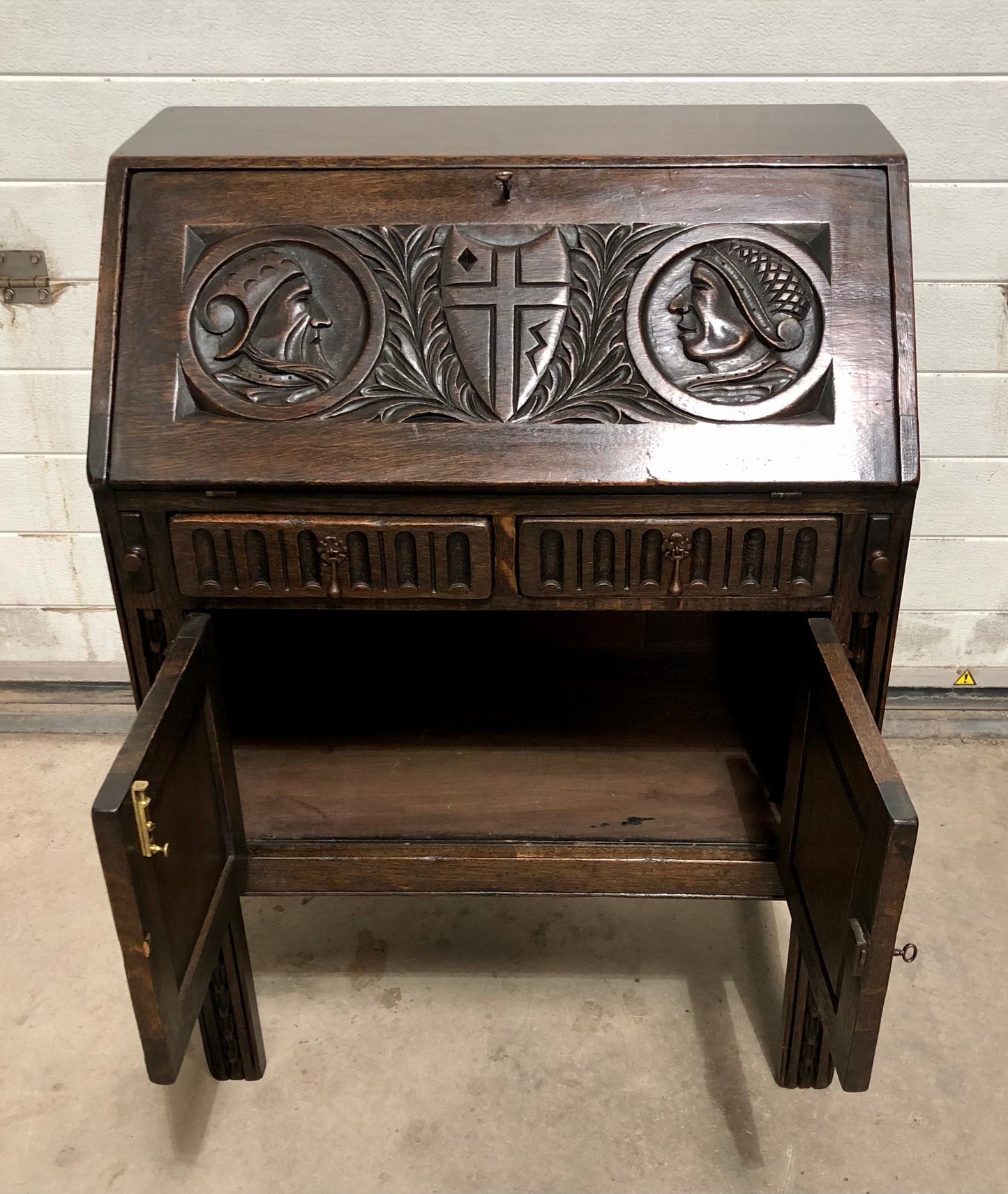 000719....Handsome Vintage Carved Oak Bureau / Writing Desk ( sold )