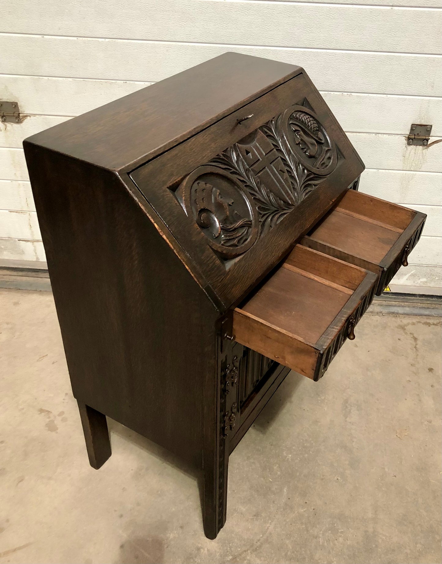 000719....Handsome Vintage Carved Oak Bureau / Writing Desk ( sold )