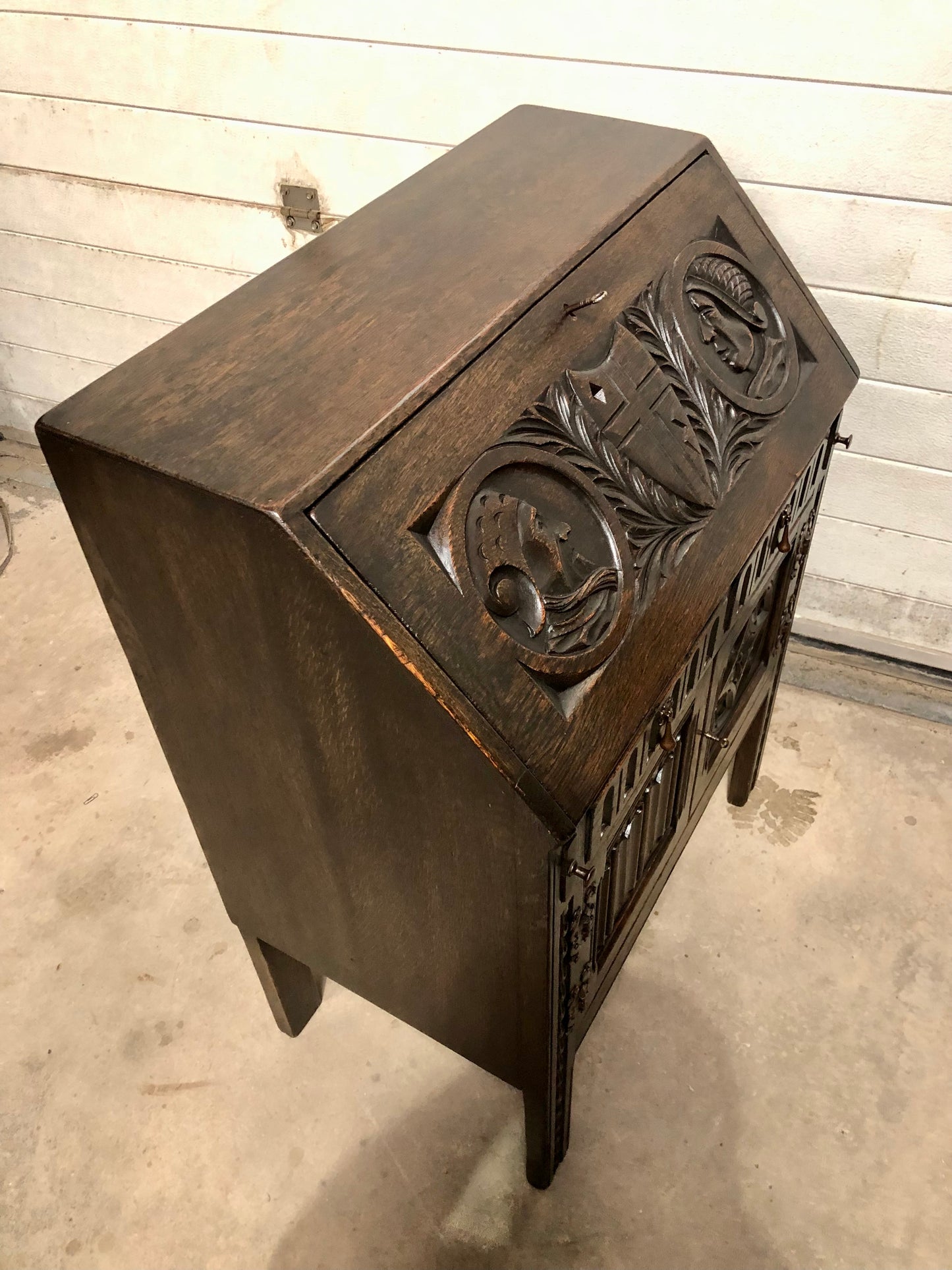 000719....Handsome Vintage Carved Oak Bureau / Writing Desk ( sold )