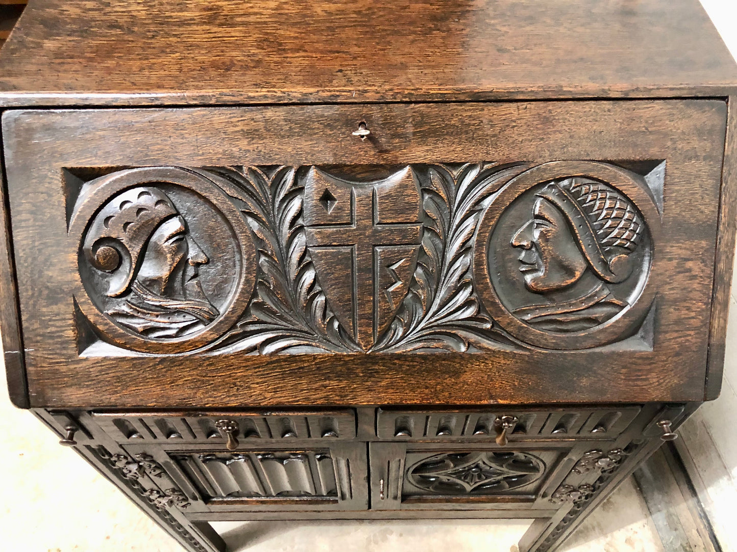 000719....Handsome Vintage Carved Oak Bureau / Writing Desk ( sold )