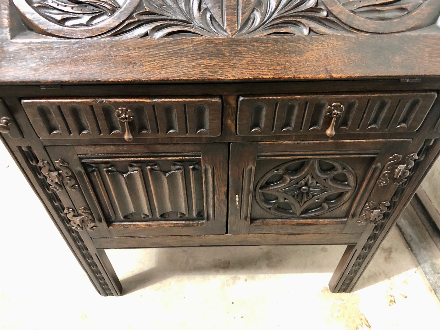 000719....Handsome Vintage Carved Oak Bureau / Writing Desk ( sold )