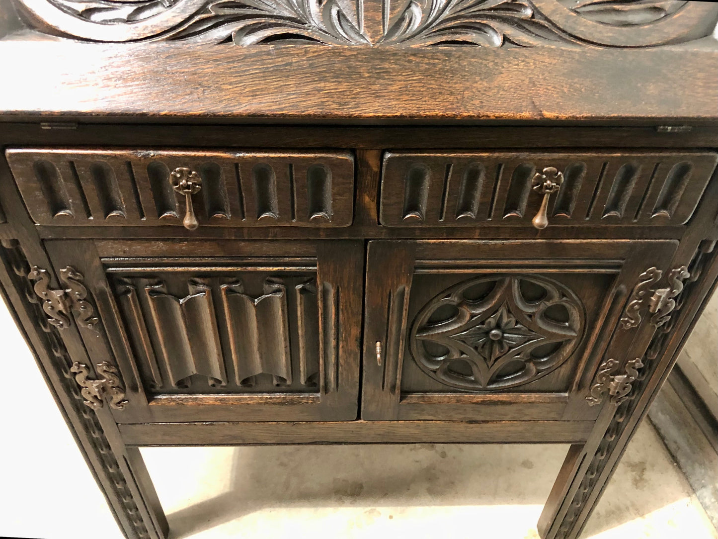 000719....Handsome Vintage Carved Oak Bureau / Writing Desk ( sold )